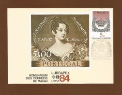 Portugal / Macau  1984 , Homenagem Dos Correios De Macau - Lubrapex Lisboa - Maximum Card - 9 A 17 De Maio 84 - - Maximumkaarten