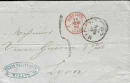 1860- Lettre De MILANO Pour Lyon Taxe 5 D. Tampon + Entrée SARDAIGNE 2 CULOZ 2 Rouge - Entry Postmarks