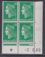 France N° 1611  XX Marianne  Cheffer : 30 C. Vert En Bloc De 4 Coin Daté Du  2 . 6 . 69, 3 Pts Blancs, Sans Charnière,TB - 1960-1969
