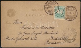 1892 2kr Díjjegyes Levelezőlap Színesszámú 3kr Díjkiegészítéssel Bukarestbe - Autres & Non Classés