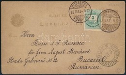 1892 2kr Díjjegyes Levelezőlap Színesszámú 3kr Díjkiegészítéssel Bukarestbe - Other & Unclassified