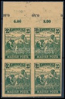 (*) 1919 Magyar Posta 20f Sötétzöld, Vágott Próbanyomat Elcsúszott értékszámmal Négyestömbben Felső ívszéllel, Vastagabb - Other & Unclassified