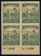 (*) 1919 Magyar Posta 20f Sötétzöld, Vágott Próbanyomat Elcsúszott értékszámmal Négyestömbben Alsó ívszéllel, Vastagabb  - Other & Unclassified