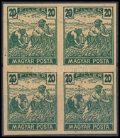 (*) 1919 Magyar Posta 20f Sötétzöld, Vágott Próbanyomat Elcsúszott értékszámmal Négyestömbben, Vastagabb Enyvezetlen Víz - Autres & Non Classés