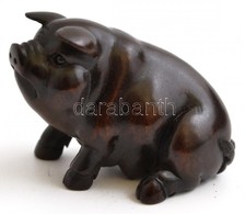 Japán Necuke: Ébenfa Malac, Disznó. Jelzett / Netsuke Eben Wood Pig. Signed 4 Cm - Other & Unclassified