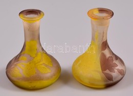 Gallé Stílusú Mini Váza Párban, Savmaratott, Peremén Apró Karcolásokkal, Jelzés Nélkül, M:7 Cm (2×) - Glas & Kristal