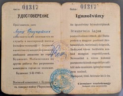 1945 Orosz-magyar Nyelvű Közmunka Alól Mentesítő Igazolvány. - Non Classés