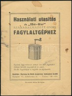 Cca 1920 HE-RO Fagylaltgép Használati Utasítás és Receptek. 8p. - Zonder Classificatie