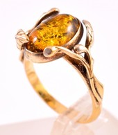 Aranyozott Ezüst (Ag.) Gyűrű Borostyánnal, Jelzett, Méret:52, Bruttó: 2,8 G - Other & Unclassified