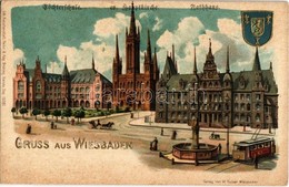 ** 4 Db Régi Külföldi Városképes Lap, Rajta Villamos, Gőzmozdony / 4 Pre-1945 European Town-view Postcards: Wiesbaden, U - Unclassified