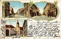 T3 1904 Győr, Andrássy út, Király Utca, üzletek, Székes Templom Feldíszítve. Kiadja Fischer G. No. 187. Art Nouveau, Lit - Zonder Classificatie