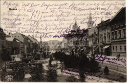 T2 1913 Kassa, Kosice; Fő Utca, Szentháromság Szobor, üzletek / Main Street, Holy Trinity Statue, Shops - Unclassified