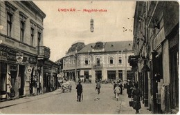 T2/T3 1911 Ungvár, Uzshorod, Uzhorod; Nagyhíd Utca, Kornfeld, Schwartz üzlete, Bercsényi Szálloda, étterem és Kávéház. K - Unclassified