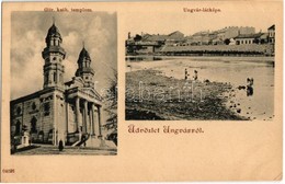 ** T2/T3 Ungvár, Uzshorod, Uzhorod; Görögkatolikus Templom, Székesegyház, Látkép Az Ung Folyóban Fürdőzőkkel, Híd / Gree - Unclassified