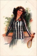 T2 Tennis Player Lady With Tennis Racket. Italian Art Postcard. ERKAL No. 336/3. S: Usabal - Sin Clasificación