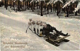 T2/T3 1910 Herzlichen Glückwunsch Zum Jahreswechsel! Bobschlitten, Wintersport / Téli Sport, 6 Személyes Bob, Szánkózók  - Ohne Zuordnung