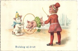 T2/T3 Boldog Újévet! / New Year Greeting Art Postcard With Circus Dog And Pig. Litho  (EK) - Non Classés