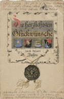 T2 'Die Herzlichsten Glückwünsche Zum Neuen Jahre' / New Year, Humorous Coat Of Arms With Pig, Clover, Horseshoe, Emb.,  - Sin Clasificación