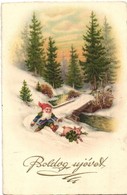T2 Boldog újévet! / New Year Greeting Art Postcard, Dwarf, Pig, Litho - Unclassified