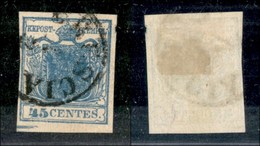 ANTICHI STATI - LOMBARDO VENETO - 1850 - 45 Cent (10d/g - Azzurro Scuro) Usato - Spazio Tipografico In Basso A Sinistra  - Autres & Non Classés