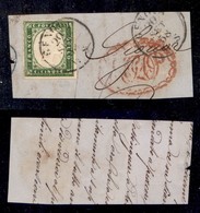 ANTICHI STATI - SARDEGNA - 1858 - Stampa Difettosa - 5 Cent (13Ah - Verde Giallo) Usato A Genova Il 20.9.58 Su Frammento - Sonstige & Ohne Zuordnung