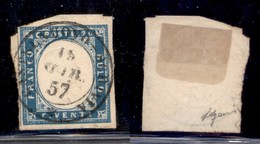 ANTICHI STATI - SARDEGNA - 1855 - 20 Cent (15h - Celeste Vivace) Usato A Castelnuovo Scrivia Su Frammento - Autres & Non Classés