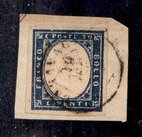 ANTICHI STATI - SARDEGNA - 1861 - 20 Cent (15Di - Cobalto Oltremare) Usato A Caravaggio (29.1.62) Su Frammento - Cert. A - Sonstige & Ohne Zuordnung