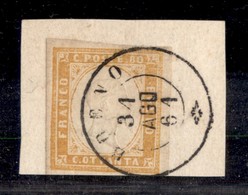 ANTICHI STATI - SARDEGNA - 1860 - 80 Cent (17B - Giallo Arancio Chiaro) Usato A Breno Il 31.8.61 Su Frammento - Autres & Non Classés