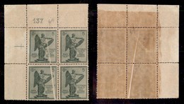 REGNO D'ITALIA - POSTA ORDINARIA - 1921 - 5 Cent Vittoria (119d + 119) - Quartina Angolare Con Numero Di Tavola (137) E  - Sonstige & Ohne Zuordnung