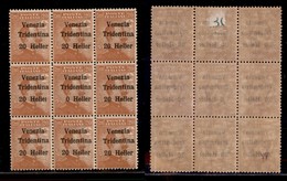 OCCUPAZIONI - TRENTINO - 1918 - 20 Heller Su 20 Cent (30) - Blocco Di 9 Con Errori 30d + 30c Al Centro - Gomma Integra ( - Other & Unclassified