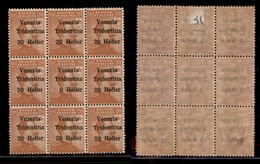 OCCUPAZIONI - TRENTINO - 1918 - 20 Heller Su 20 Cent (30) - Blocco Di 9 Con Errori 30d + 30c Al Centro - Gomma Integra ( - Altri & Non Classificati