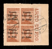 OCCUPAZIONI - TRENTINO - 1918 - 20 Heller Su 20 Cent (30e + 30 + 30d + 30e) - Quartina Bordo Foglio Usata Su Frammento C - Autres & Non Classés