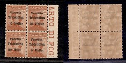 OCCUPAZIONI - TRENTINO - 1918 - 20 Heller Su 20 Cent (30c + 30 + 30d + 30c) In Quartina Bordo Foglio Con Tre Errori Di C - Sonstige & Ohne Zuordnung