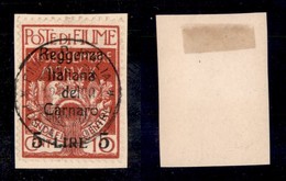 OCCUPAZIONI - FIUME - 1920 - 5 Lire Su 10 Cent (145) Usato Su Frammento - Molto Bello - Cert. AG (300+) - Otros & Sin Clasificación