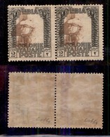 COLONIE - LIBIA - 1921 - 2 Cent (22g) Coppia Con Centro Spostato - Gomma Originale - Cert. Colla (500) - Sonstige & Ohne Zuordnung