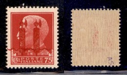 REPUBBLICA SOCIALE - 1944 - Provvisori - Verona - 75 Cent (494Bb) Con Doppio Fascio Rosso - Gomma Integra - Timbrino Sco - Sonstige & Ohne Zuordnung