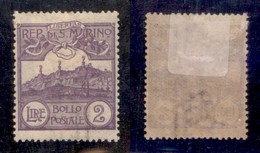 SAN MARINO - 1903 - 2 Lire Veduta (44) - Gomma Originale - Centratura Perfetta - Molto Bello - Cert. AG (2.200+) - Andere & Zonder Classificatie