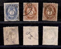 EUROPA - NORVEGIA - 1872/1875 - Corno Di Posta 2 + 6 + 7 Skilling (17a + 20/21) - 3 Valori Della Serie - Usati (185) - Sonstige & Ohne Zuordnung