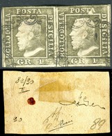 1859 OLD STATE ITALY SICILY 1 GR. COPPIA Oliva Grigiastro RITOCCO 89 CERTIFIED  SASS. 4e  PERFECT STAMPS - Sicily