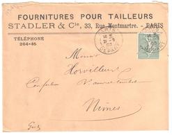 PARIS Lettre Entête FOURNITURES TAILLEURS STADLER & Cie 15c Semeuse Lignée Vert Yv 130 Ob 21 9 1903 - Briefe U. Dokumente