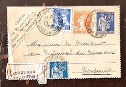 FRANCE Entier Postal TYPE PAIX (0,65) Affranchissement Mixte Pour BORDEAUX 1938 RECOMMANDE. Cachet Arrivée Au Dos - Standard Postcards & Stamped On Demand (before 1995)