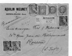 LETTRE RECOMMANDEE AFFRANCHIE N°407 X2 + 413 X 2 +514 +516 X2 OBLITEREE- BRETEUIL-SUR - ITON -EURE -1942 - 1921-1960: Période Moderne