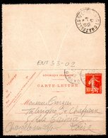 ENT33-02 : CL 10C Rouge Semeuse Daté 152 - Dept 33 (Gironde) PUGNAC 1912 Cachet Type A4 - Tarjetas Cartas