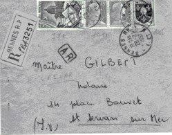 LETTRE RECOMMANDEE AR- AFFRANCHIE N° 971 + N° 1005 + N° 1011 X2 -OBLITERE CAD RENNES RP 1957 - 1921-1960: Modern Tijdperk