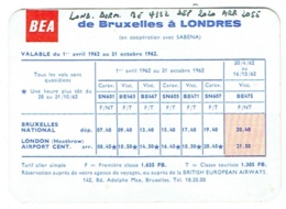 Time Table. Horaire Aviation : BEA. Bruxelles-Londres, 1962. - Zeitpläne