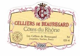 Rare Etiquette De Vin // Vin Rouge Côtes Du Rhône  // Celliers De Beauregard // 1990 - Côtes Du Rhône