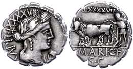 C. Marius C. F. Capito, Denar (4,01g), 81 V. Chr., Rom. Av: Ceresbüste Nach Rechts, Darum "C MARI C F CAPIT". Rev: Ochse - Republiek (280 BC Tot 27 BC)