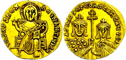 Basilius I., 867-886, Solidus (4,40g), Konstantinopel. Av: Thronender Christus Von Vorn, Darum Umschrift. Rev: Die Brust - Bizantine