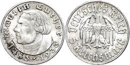 5 Reichsmark, 1933, J., Luther, Kl. Kr., F. St., Katalog: J. 353 - Altri & Non Classificati