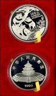 100 Yuan Silber, 1990, 3 Pandas An Gewässer, 12 Oz, KM 274, Schön 275, In Kapsel, In Originalholzschatulle Mit Zertifika - China